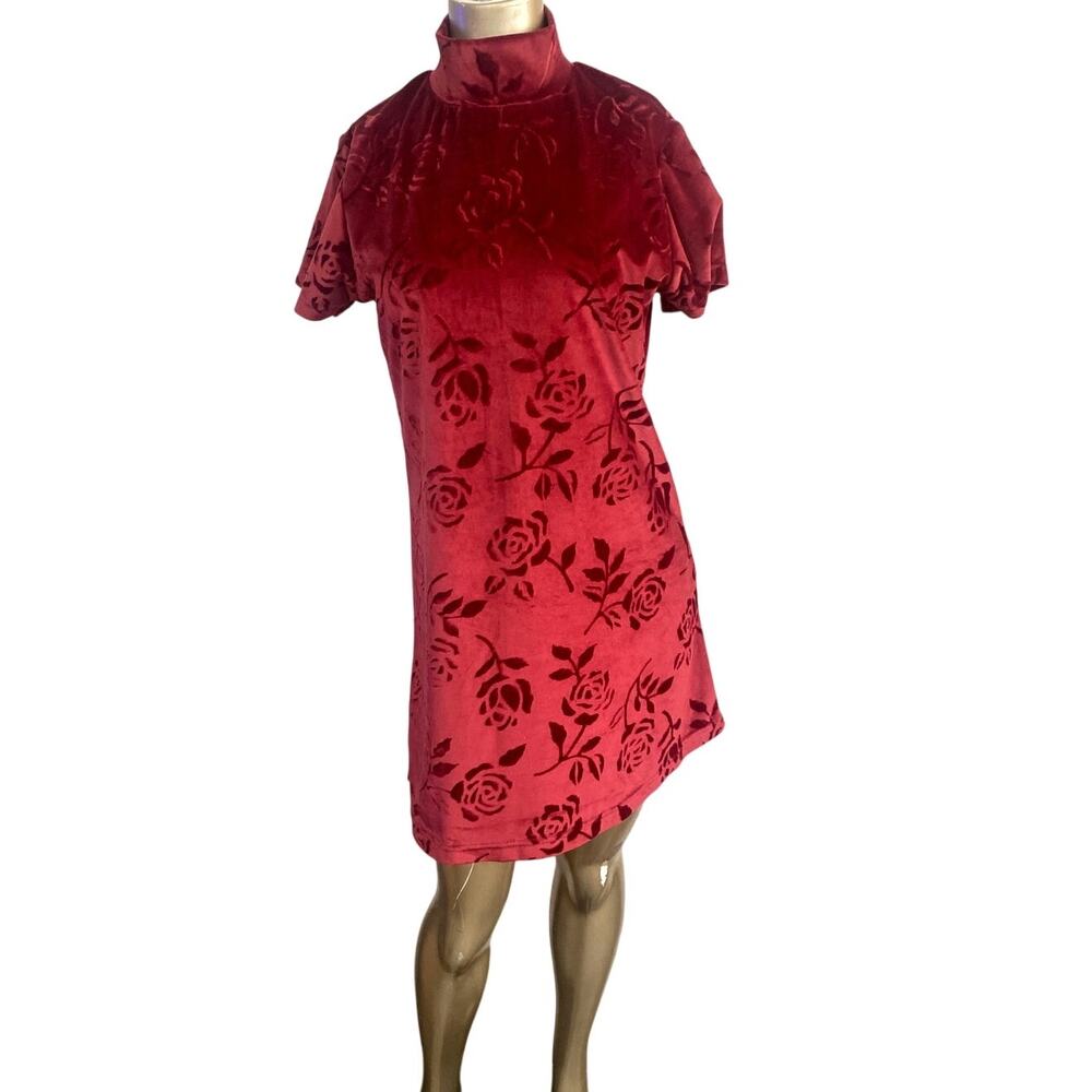 Vintage Giorno Red Burnout Velvet Floral Mock Neck Mini Dress Size Medium